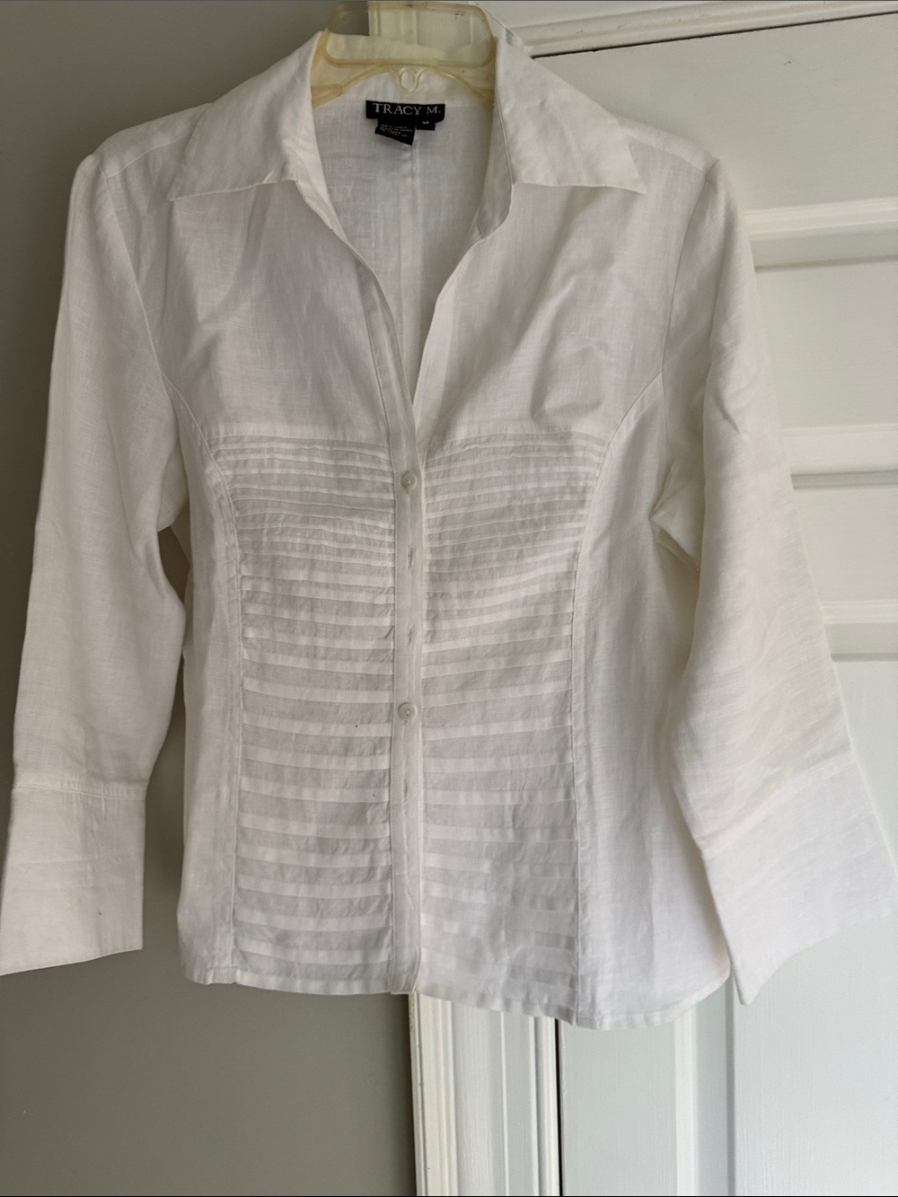 Tracy M White Linen Pintuck Button-Down Shirt